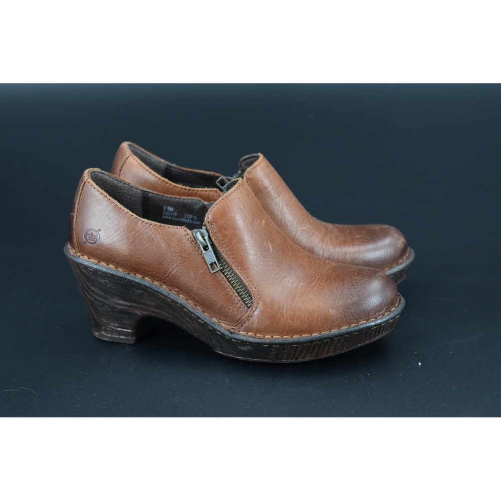 Born Elliott Ankle Bootie Women 6.5 Brown Good Leather Side Zip Block Heel